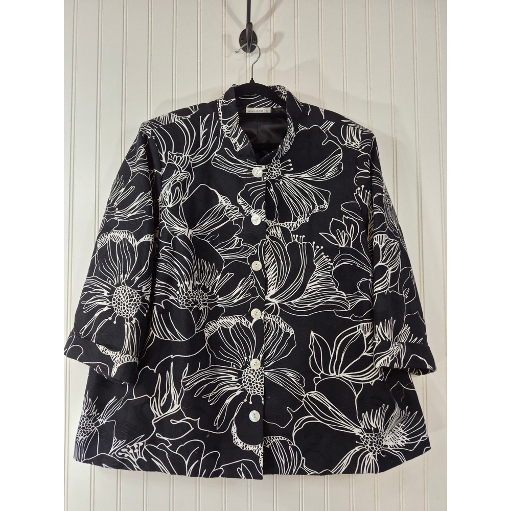 Susan Graver Black White Floral Jacquard Blazer Mandarin Collar 3/4 Sleeve 1XL